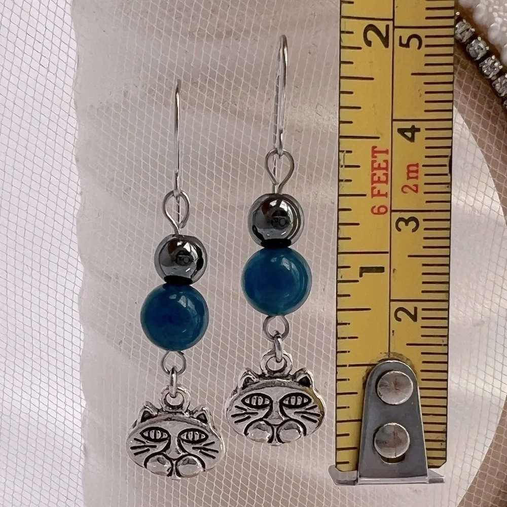 Dangle Earrings Hematite, Blue Jade and Cat Charms